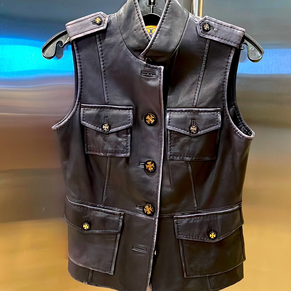 Navy blue weathered leather Tory Burch vest